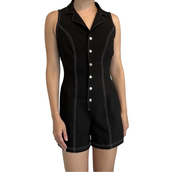 Vintage 1990s Romper Lace Up Black Playsuit Punk Y2K Sexy Button Up Size 9 Small - Picture 1 of 8